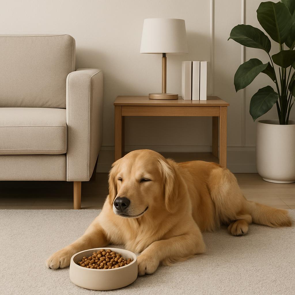 A golden retriever lies on the floor next to its bowls filled with dog food, exuding a relaxed and satisfied demeanor.