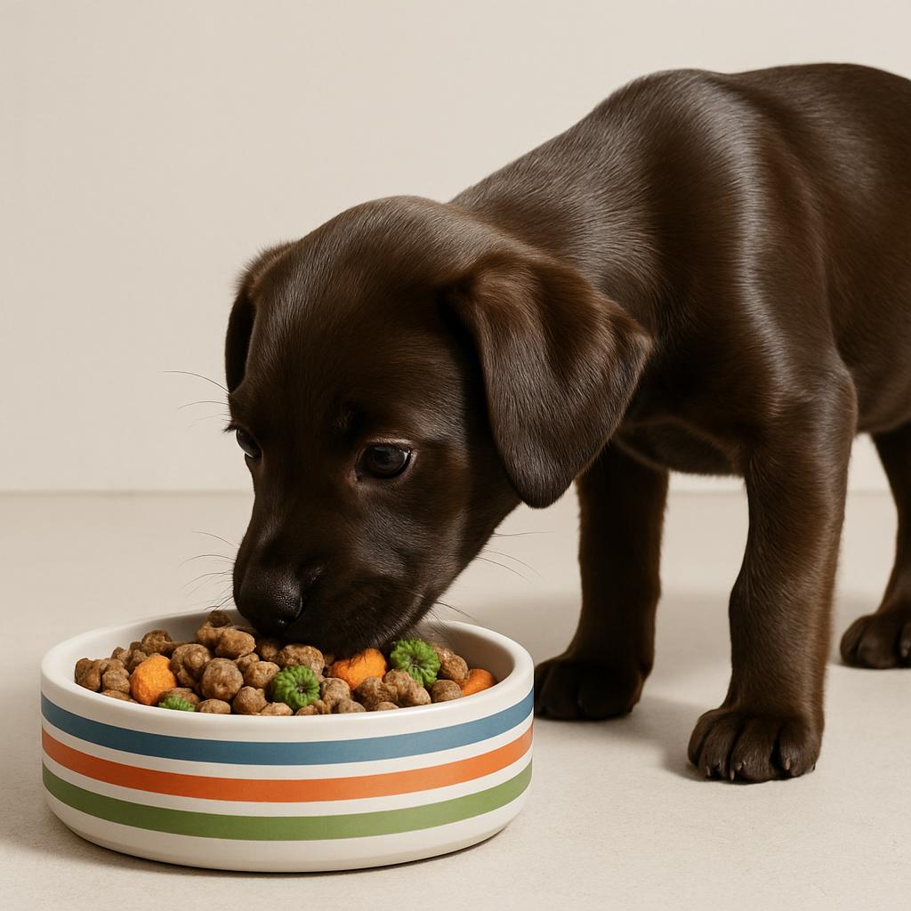 A brown puppy eats out of a bowl with horizontal stripes. The first color is orange, then light blue, dark blue, white, fo...