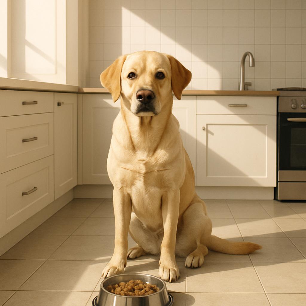 Photo of a yellow Labrador Retriever sitting in the middle of a kitchen, with a bowl of dog food before it.