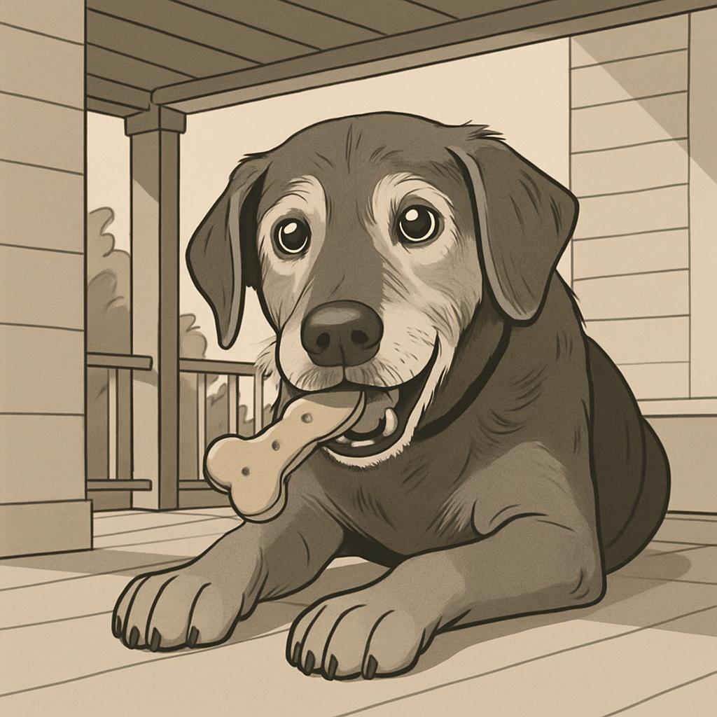 A cartoon-style drawing features a dark brown dog with a lighter-brown muzzle lying down in a house's covered front porch ...