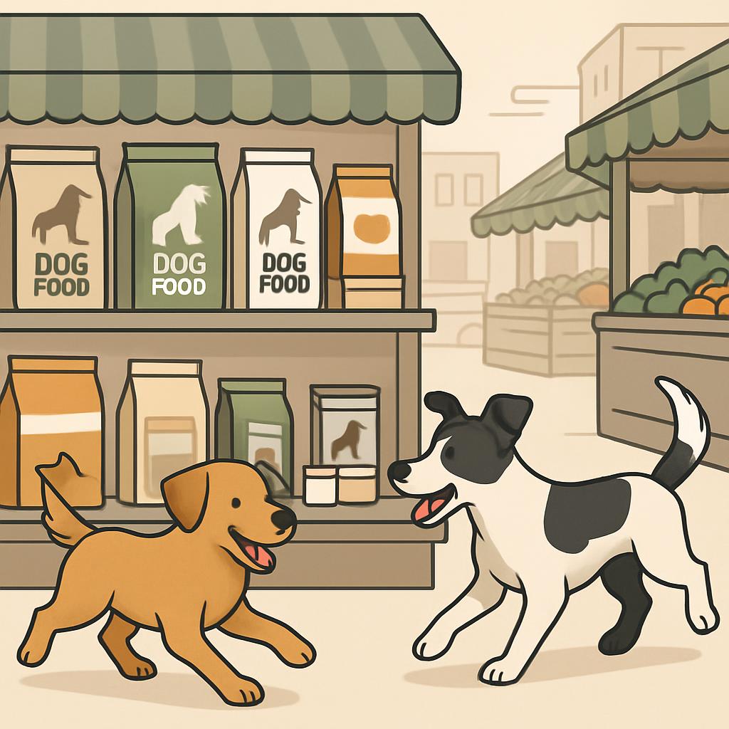 Two dogs in front of a food stand selling dog food with a farmer's market in the background.