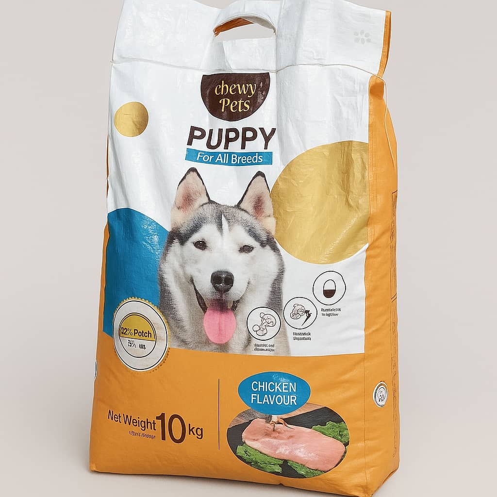 The image shows a 10 kg bag of puppy food.