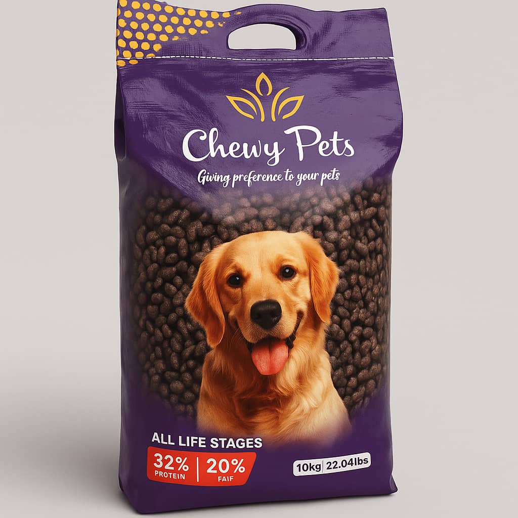 A purple bag of dog food with a golden retriever on the front. Some brown kibble in the background. White writing on the b...